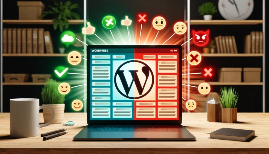 ordenador con grafismos mostrando las ventajas y desventajas de usar wordpress para el diseño de una página web.